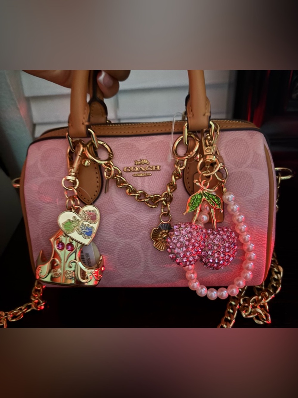 COACH Powder Pink Mini Rowan Signature Canvas 2026. Tan Handles & Gold Hardware - Picture 5 of 7